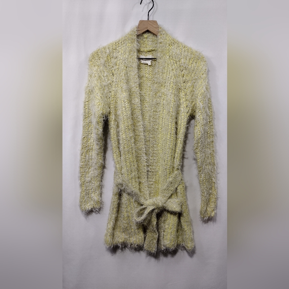 Anthropologie Larkin Shimmer Fuzzy Sweater Cardigan Women's S Yellow Boho Retro - Picture 2 of 9